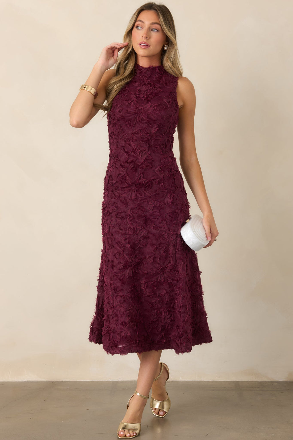 A Night to Remember Wine Red Knit Floral Appliqué Midi Dress