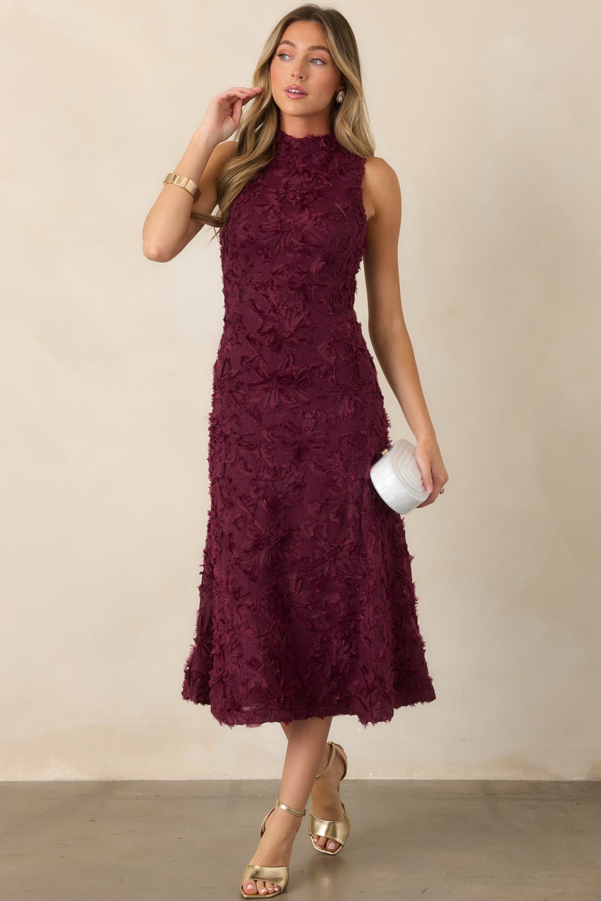 A Night to Remember Wine Red Knit Floral Appliqué Midi Dress