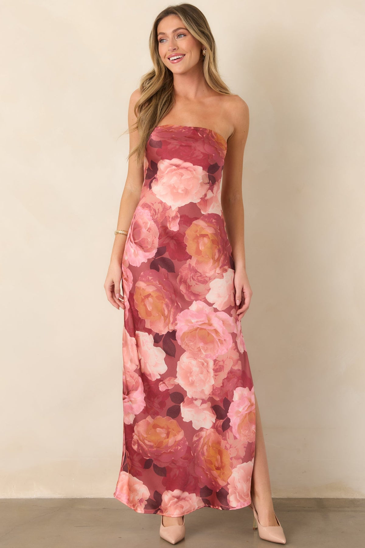 Finding The Way Pink Floral Strapless Maxi Dress
