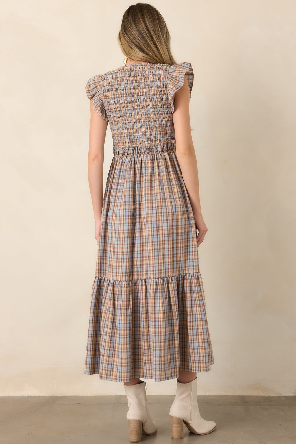 As the Day Goes Dusty Blue & Tan Plaid Cotton Smocked Midi Dress