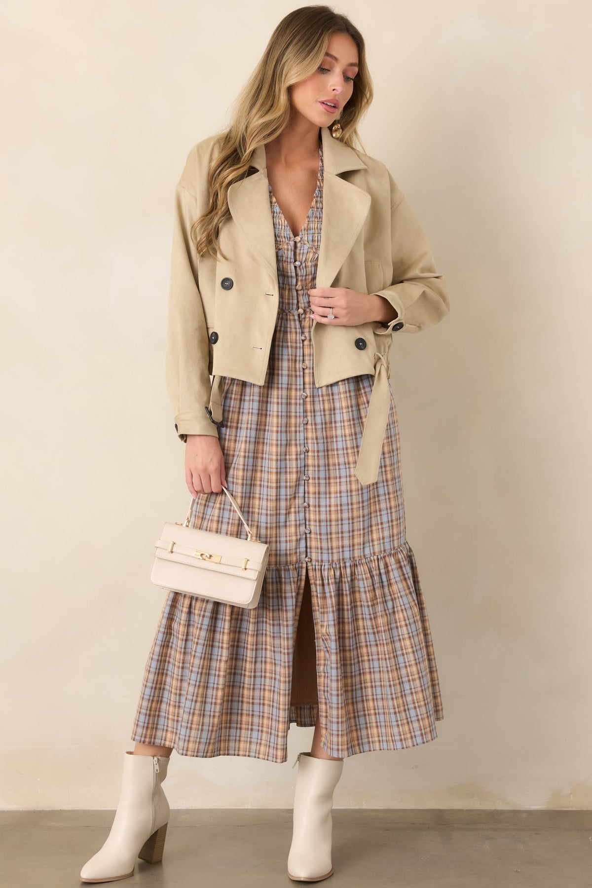As the Day Goes Dusty Blue & Tan Plaid Cotton Smocked Midi Dress