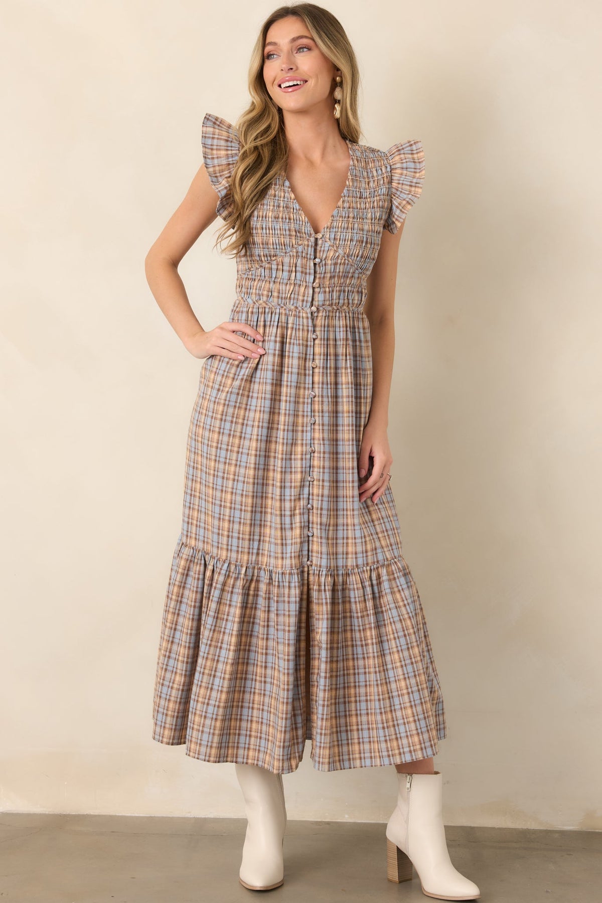 As the Day Goes Dusty Blue & Tan Plaid Cotton Smocked Midi Dress