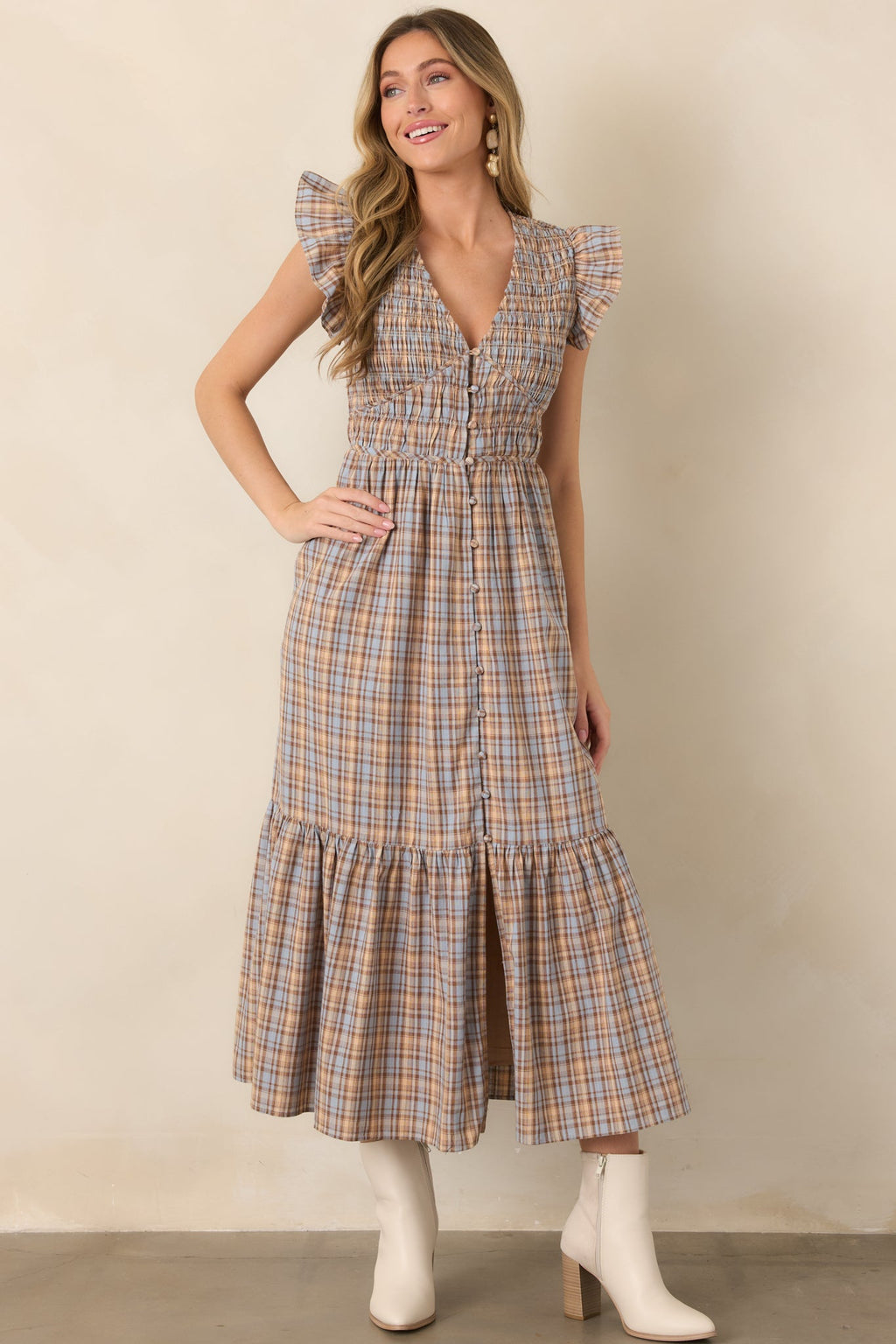 As the Day Goes Dusty Blue & Tan Plaid Cotton Smocked Midi Dress