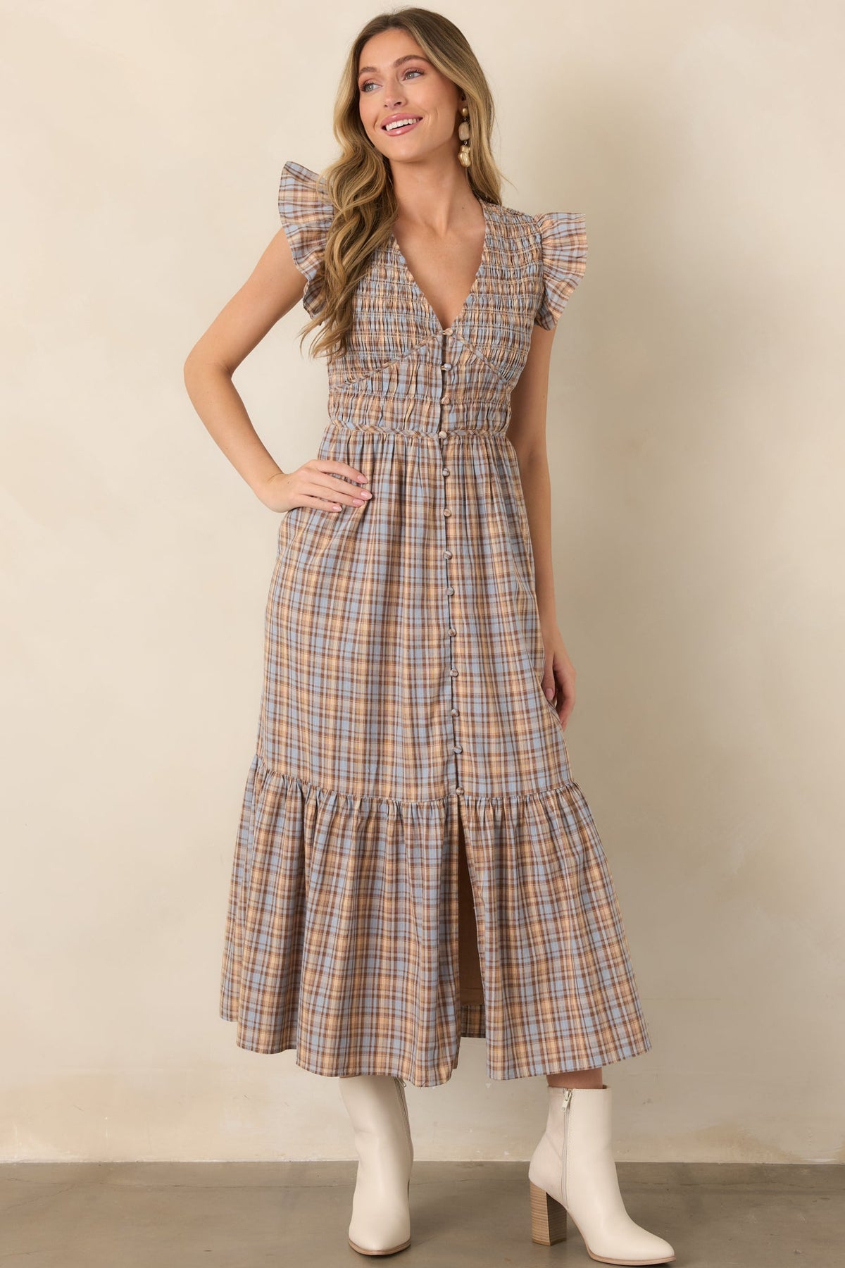 As the Day Goes Dusty Blue & Tan Plaid Cotton Smocked Midi Dress