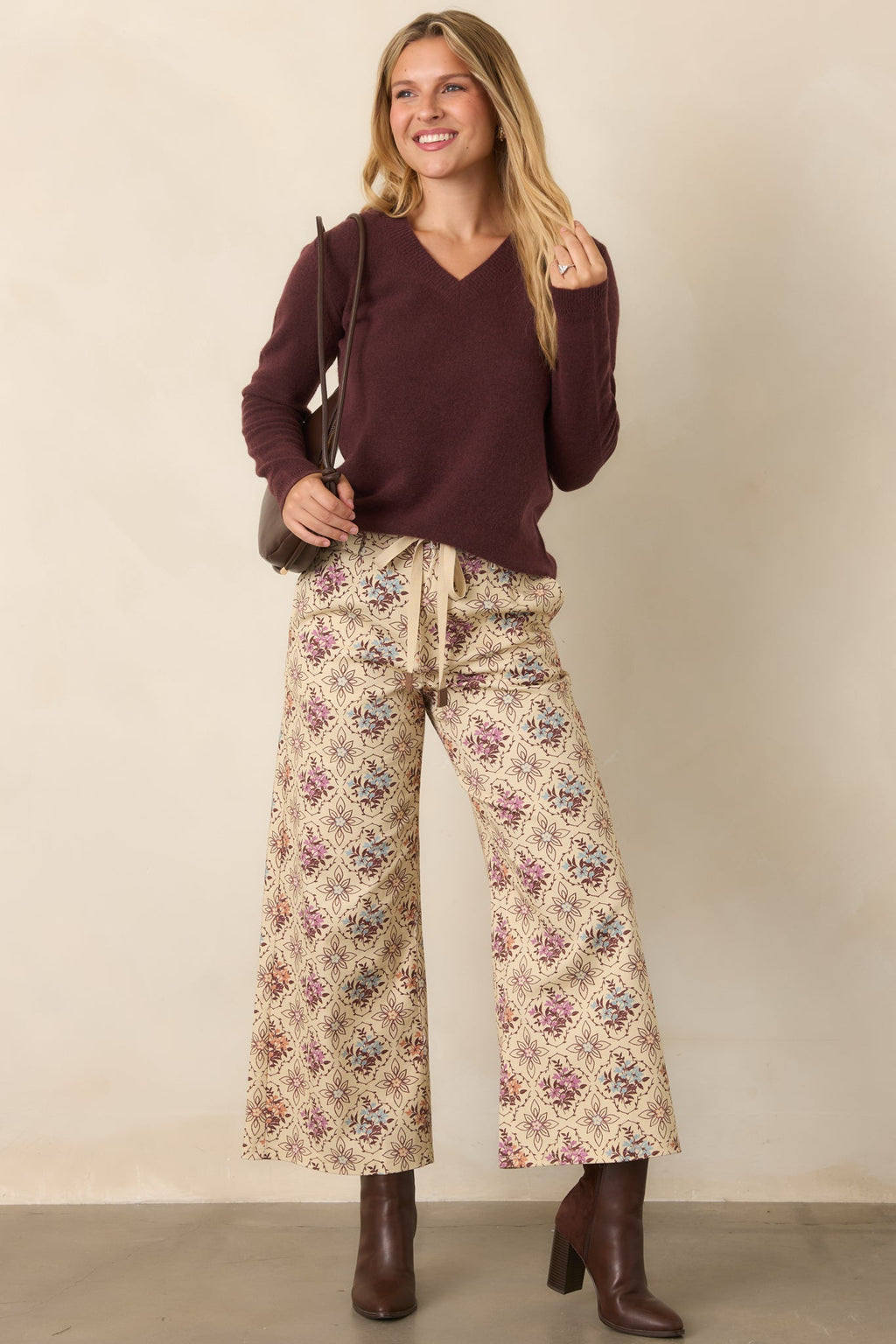 Aim High Ecru Multi Floral Cotton Cropped Wide Leg Pants