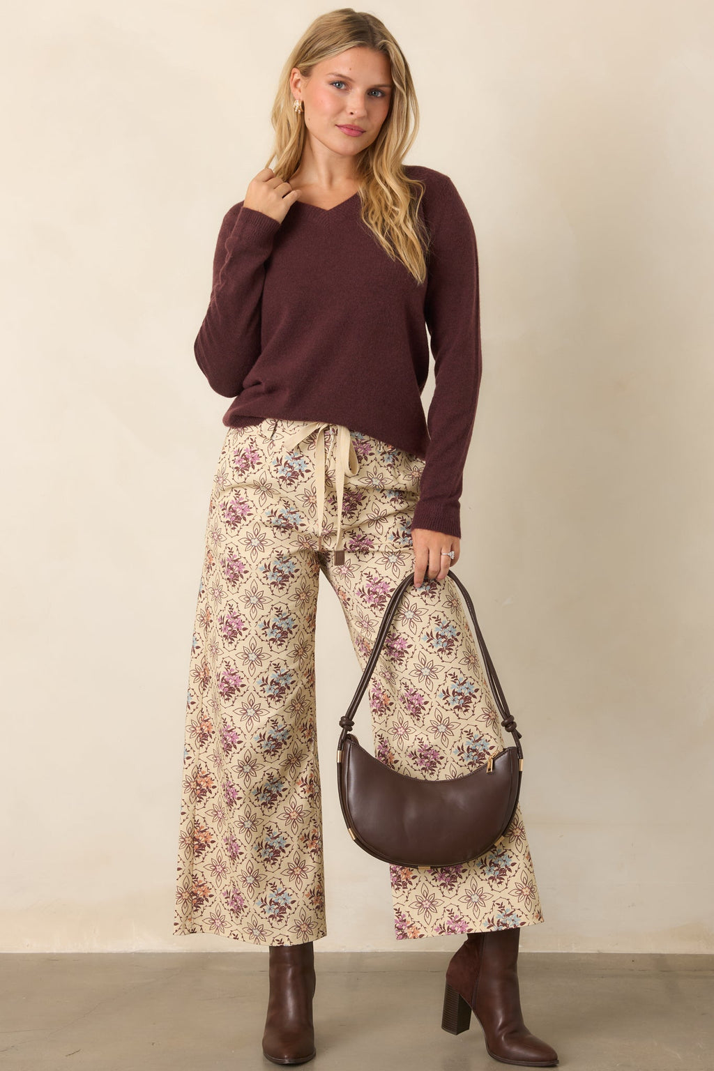 Aim High Ecru Multi Floral Cotton Cropped Wide Leg Pants