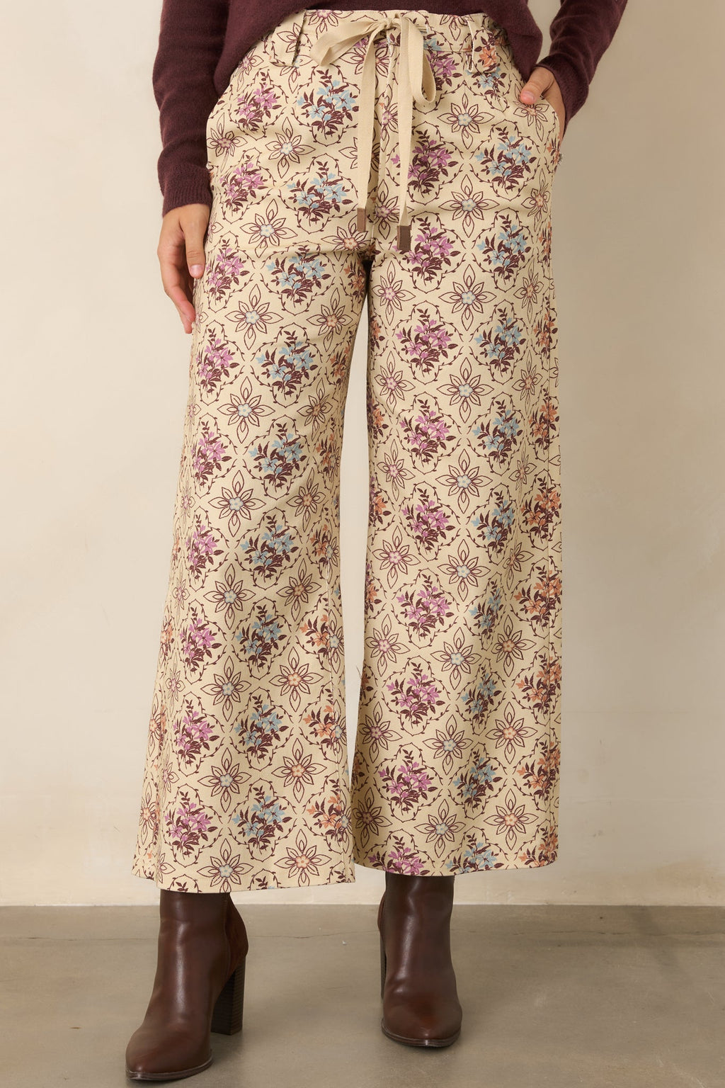 Aim High Ecru Multi Floral Cotton Cropped Wide Leg Pants