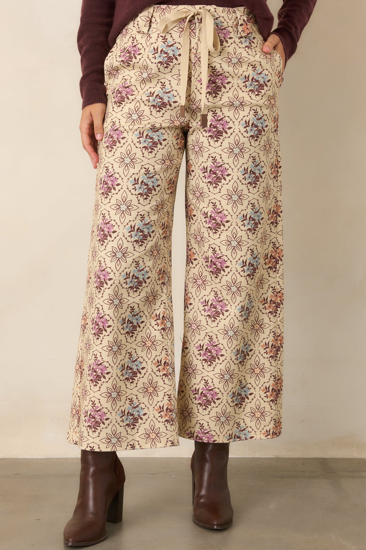 Aim High Ecru Multi Floral Cotton Cropped Wide Leg Pants