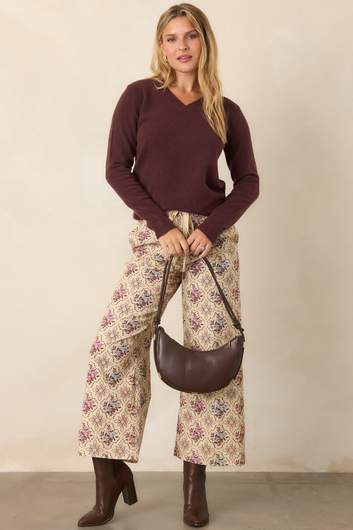 Aim High Ecru Multi Floral Cotton Cropped Wide Leg Pants