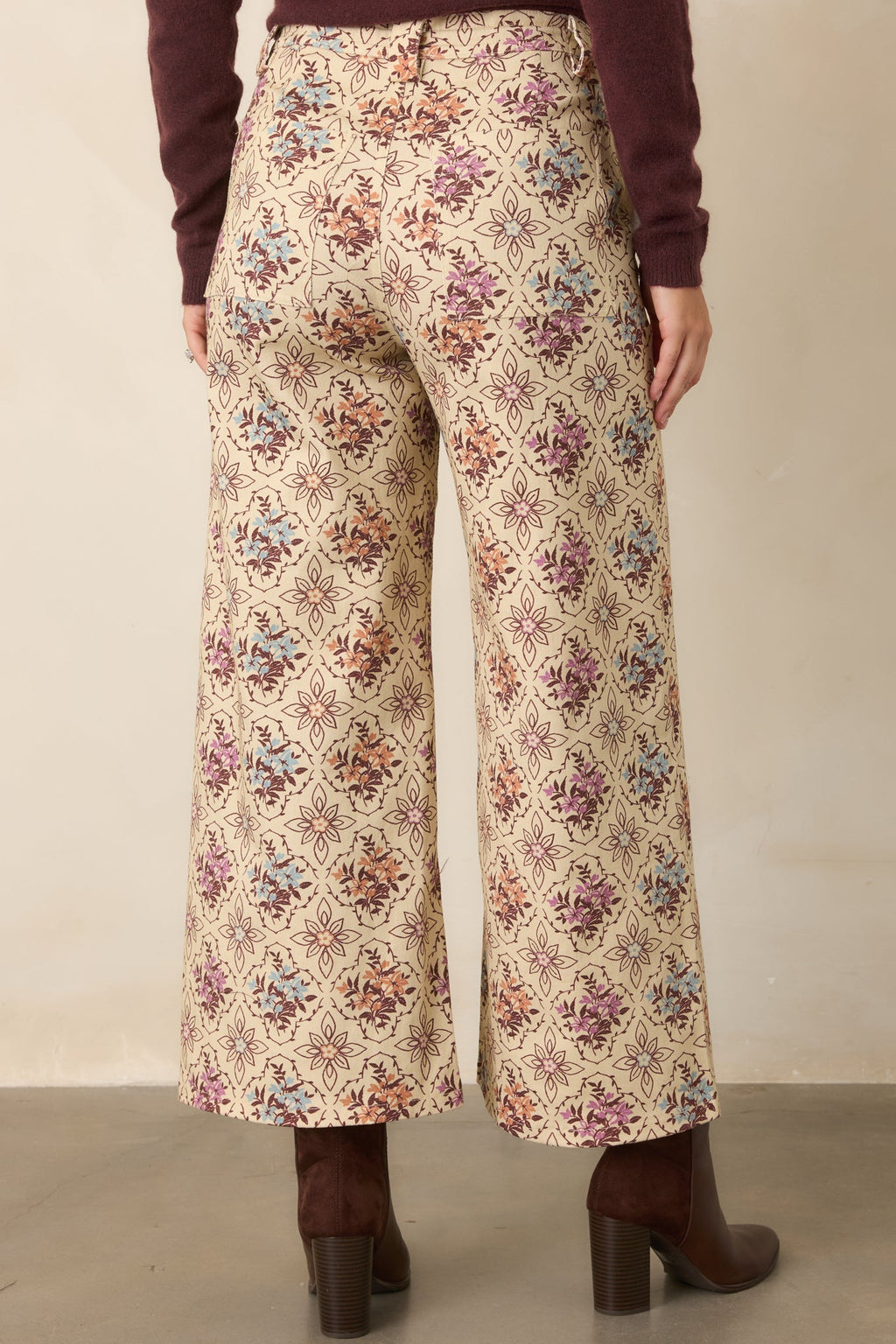 Aim High Ecru Multi Floral Cotton Cropped Wide Leg Pants