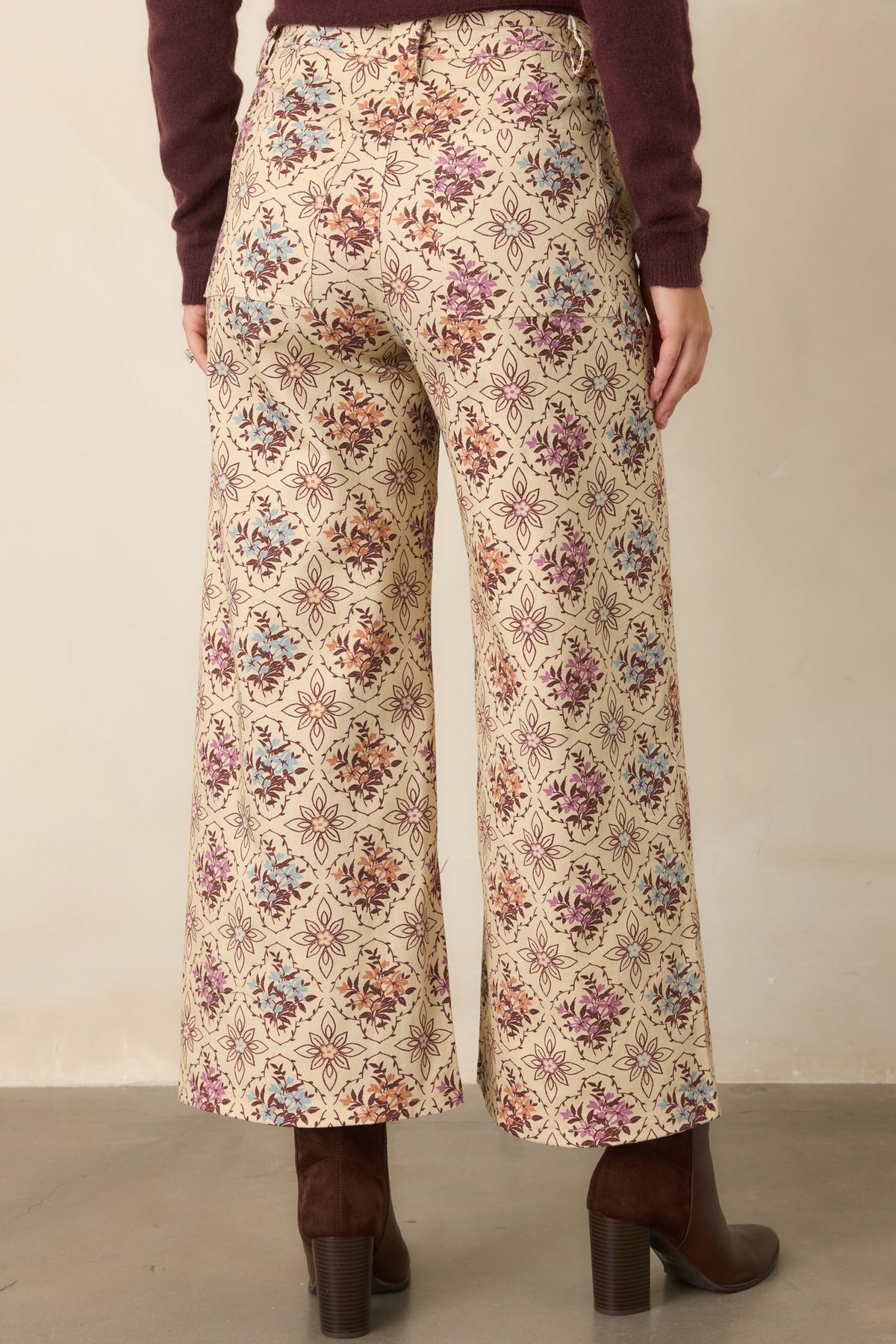 Aim High Ecru Multi Floral Cotton Cropped Wide Leg Pants