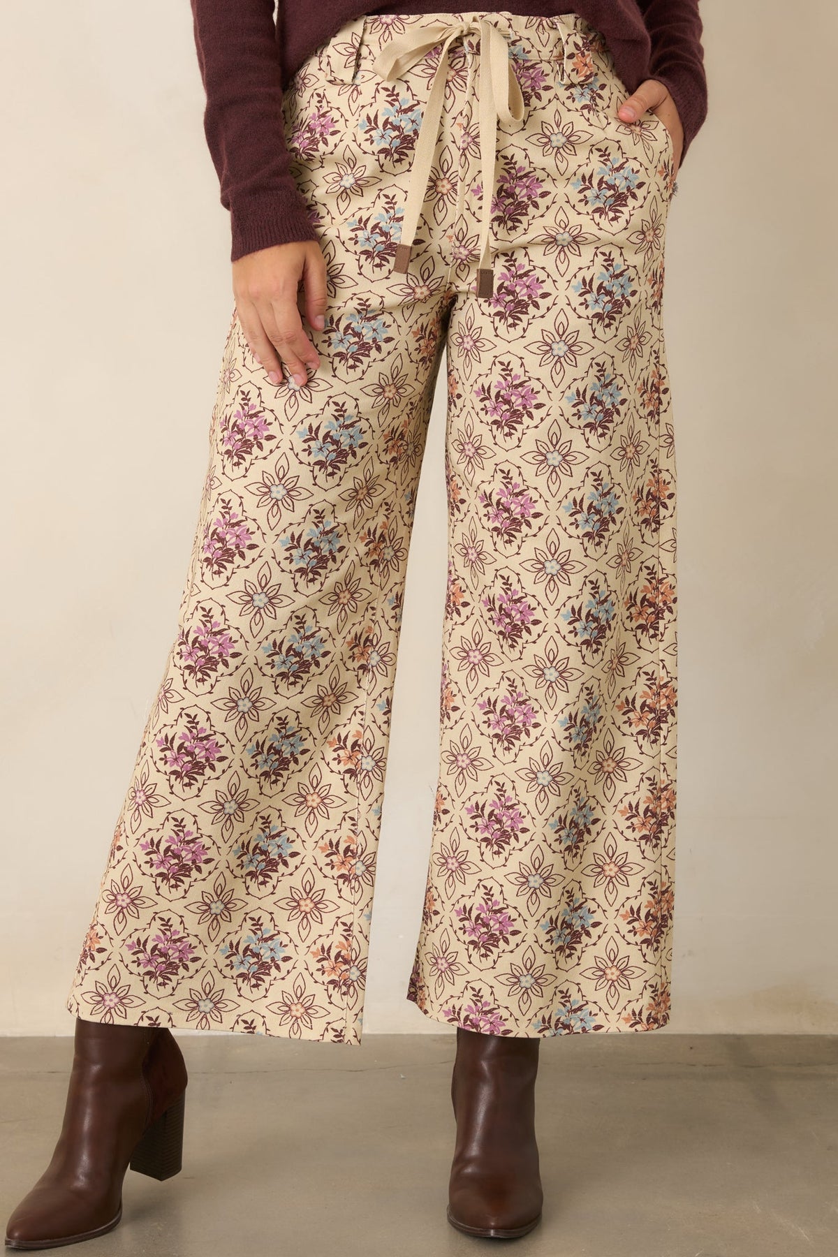 Aim High Ecru Multi Floral Cotton Cropped Wide Leg Pants