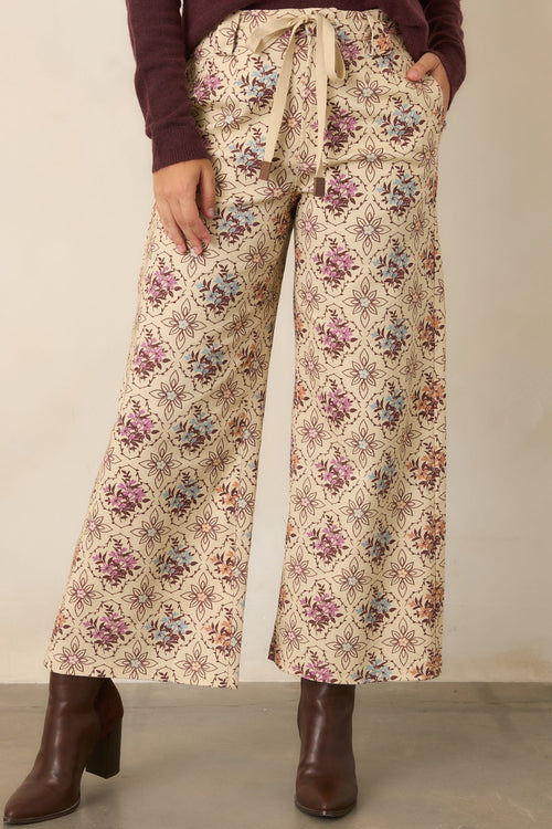Aim High Ecru Multi Floral Cotton Cropped Wide Leg Pants