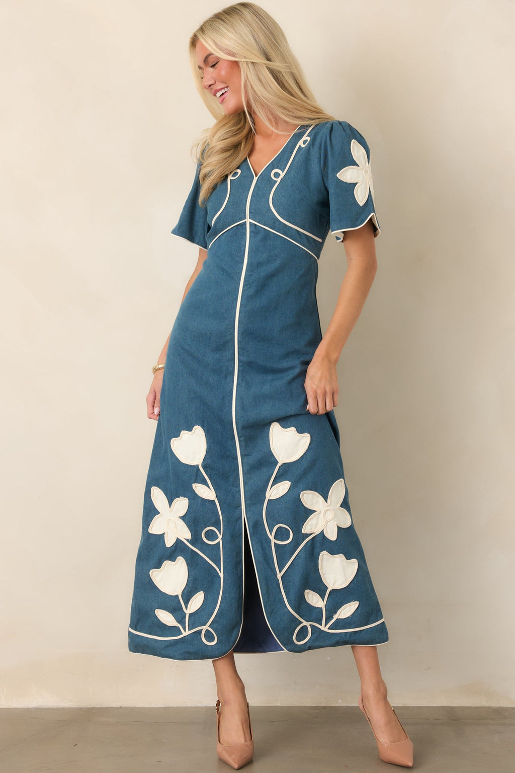 Blue Jean Baby Denim & Ivory Floral Appliqué Maxi Dress