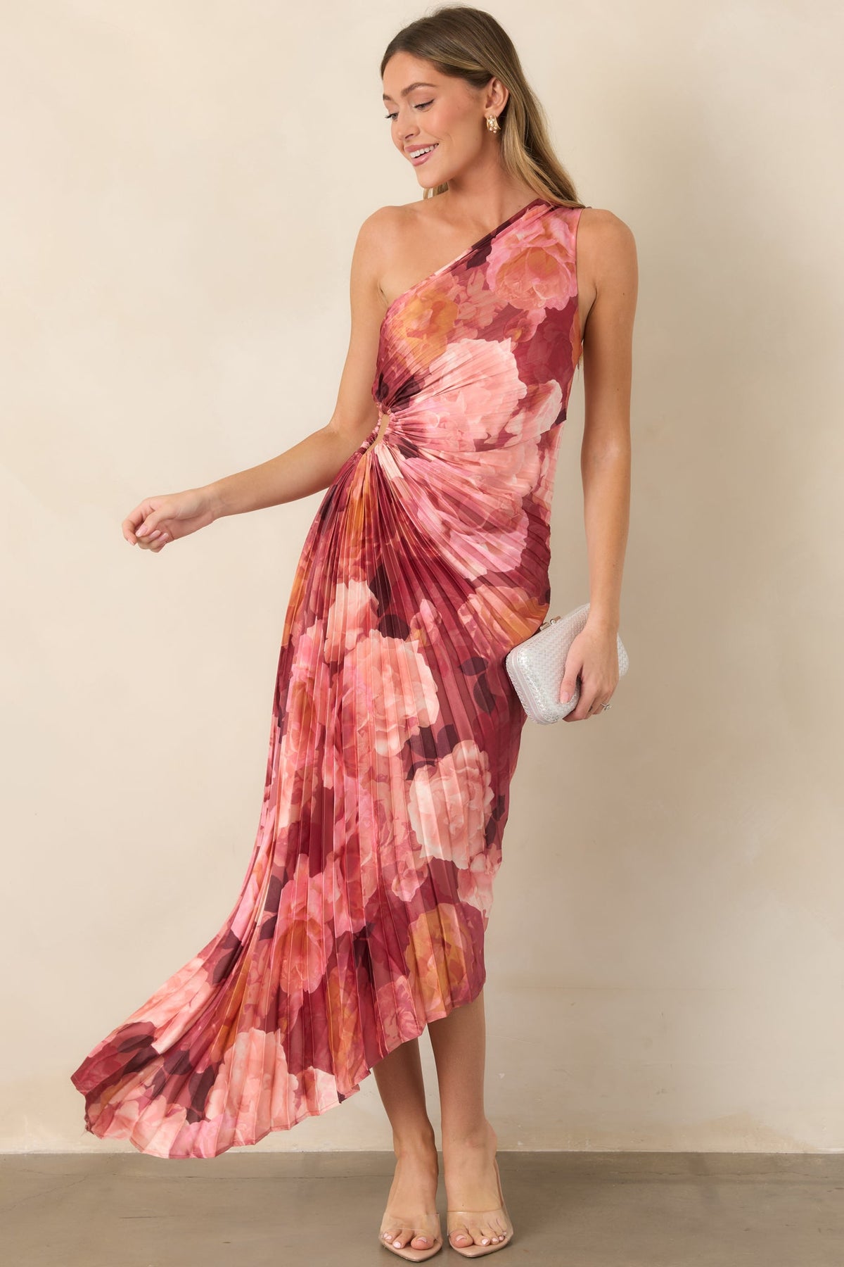Poetic Charm Pink Floral One Shoulder Pleated Satin Maxi Dress