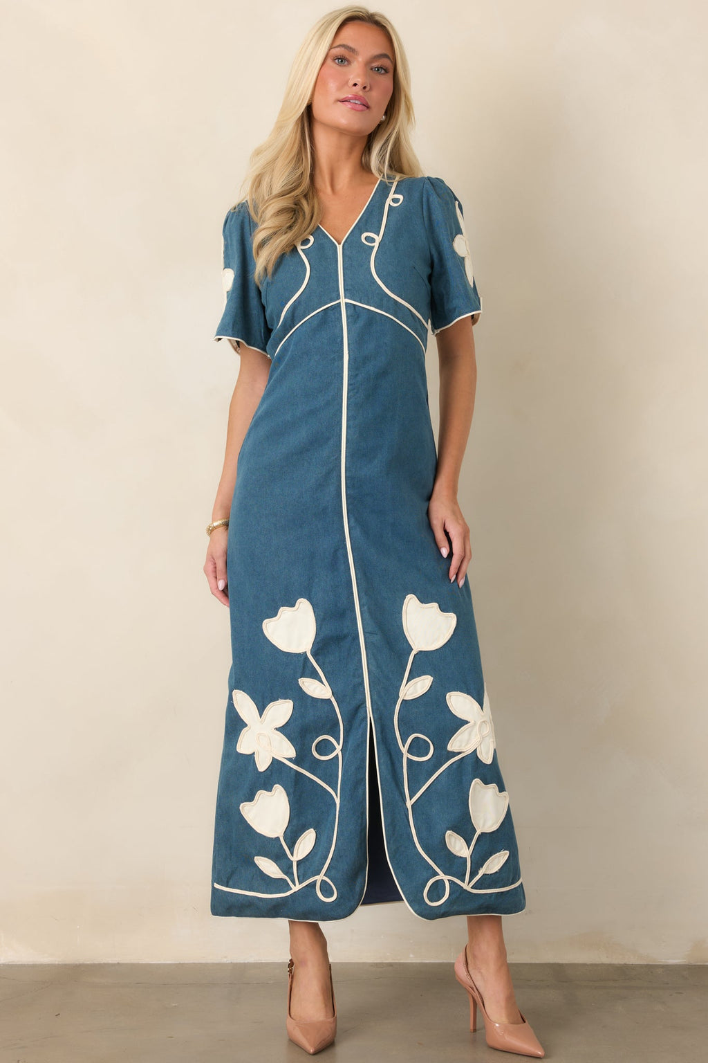Blue Jean Baby Denim & Ivory Floral Appliqué Maxi Dress
