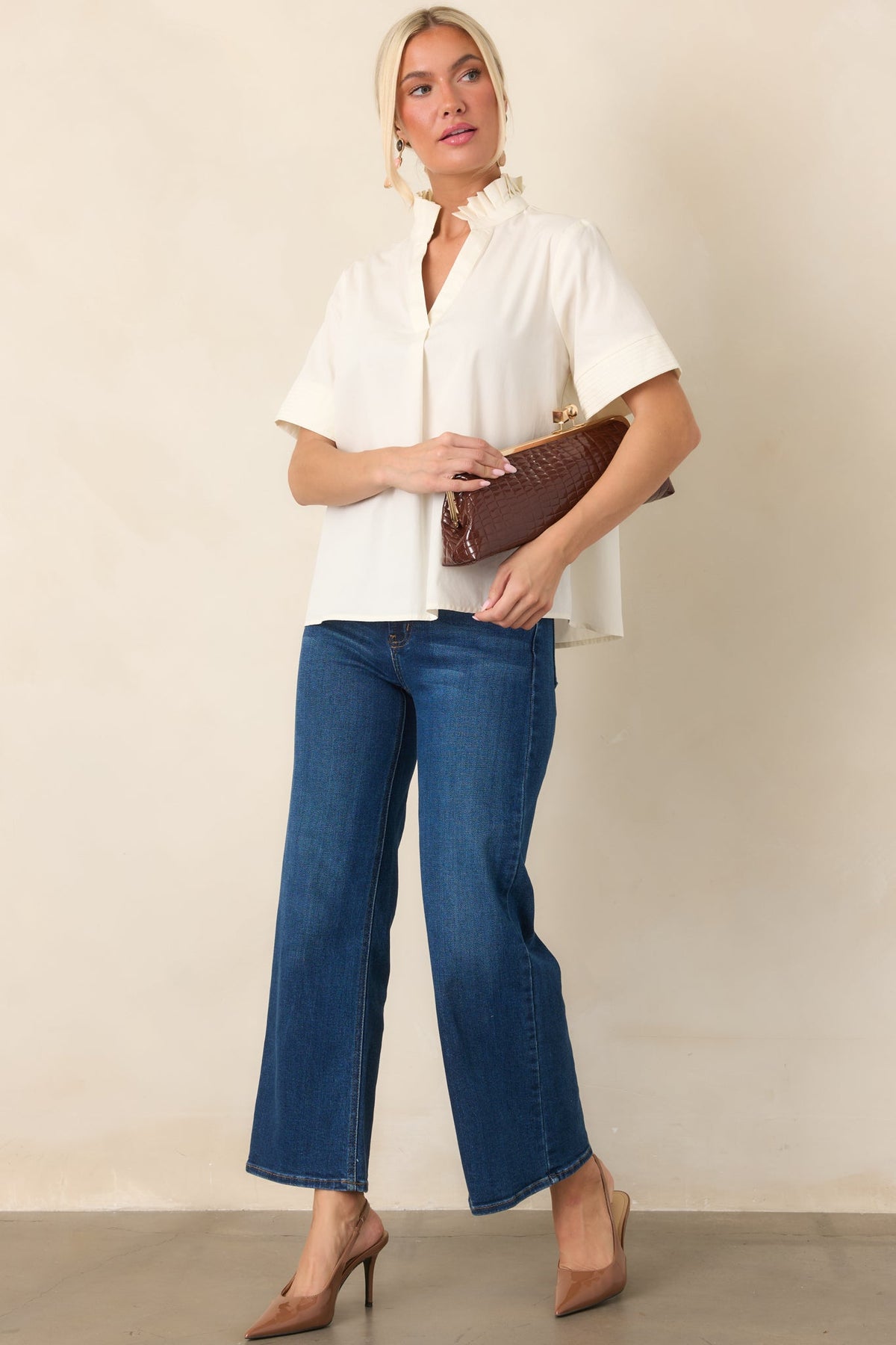 Nicely Done Ivory Cotton Ruffle Collar Blouse