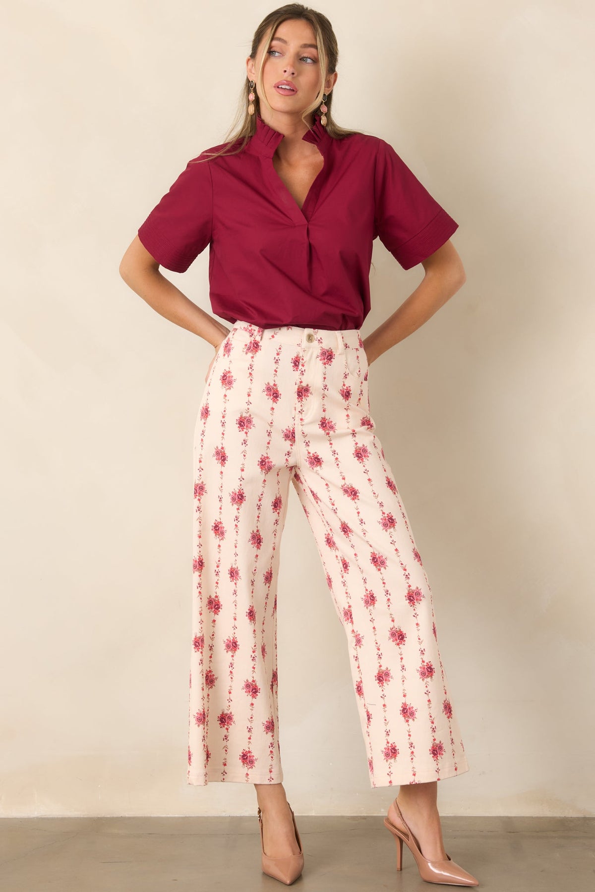 Nicely Done Burgundy Cotton Ruffle Collar Blouse
