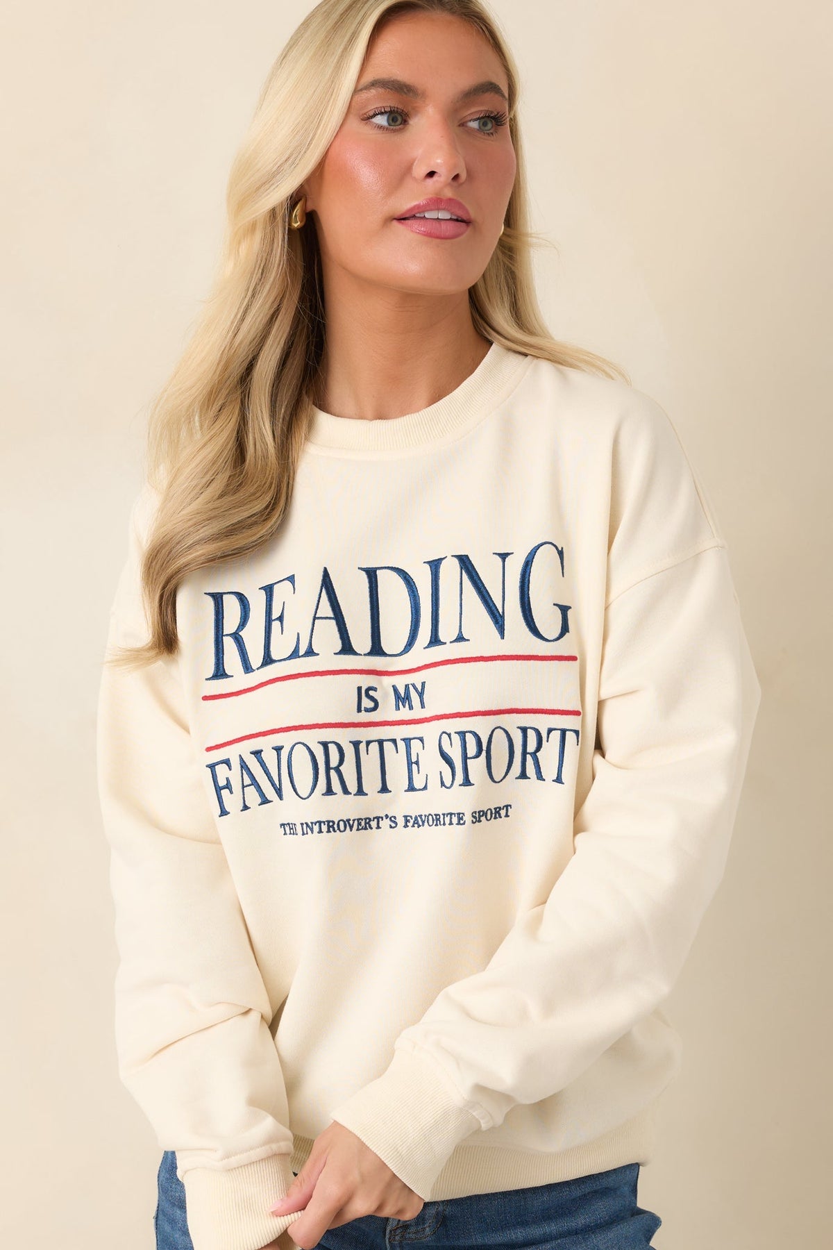 Reading Is My Favorite Sport Ivory Embroidered Cotton Sweatshirt