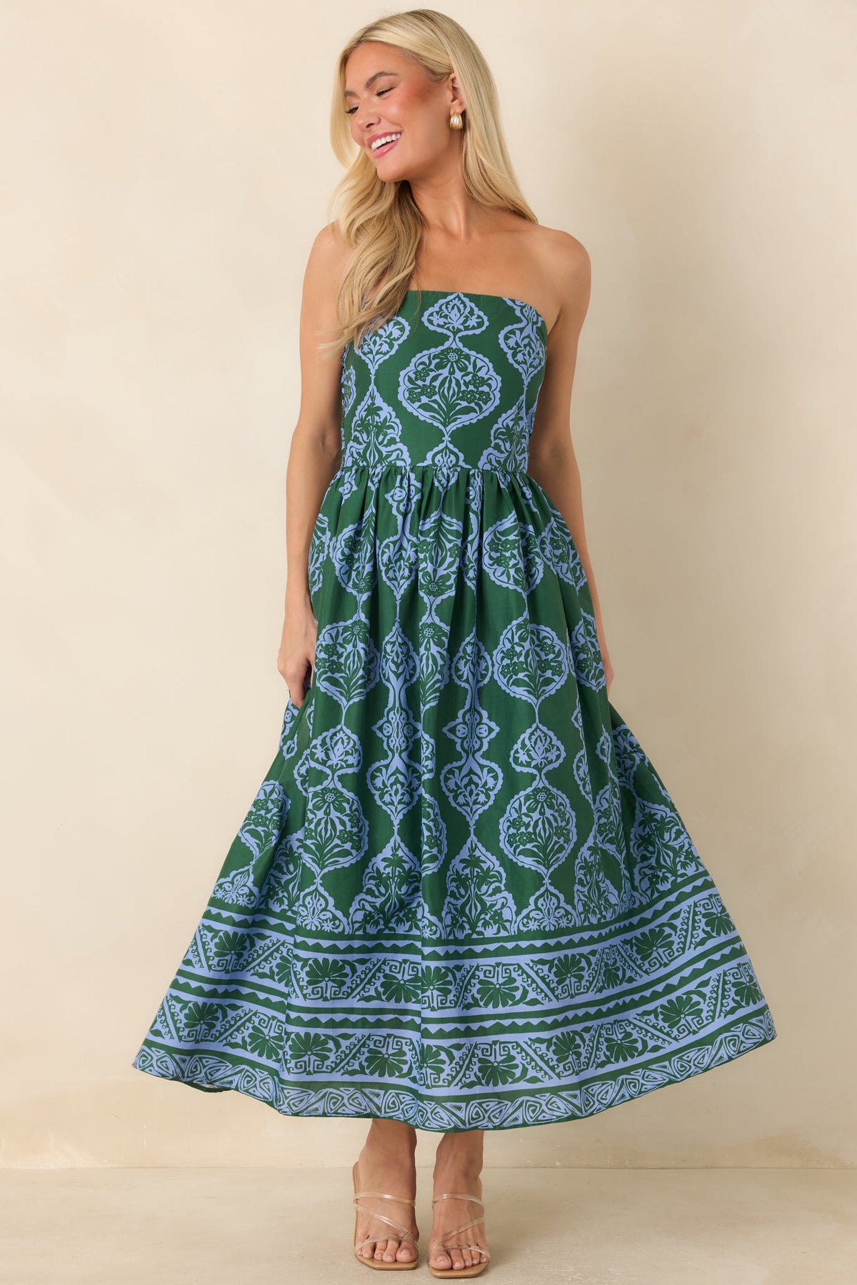 Painted Passage Green & Light Blue Cotton Strapless Midi Dress