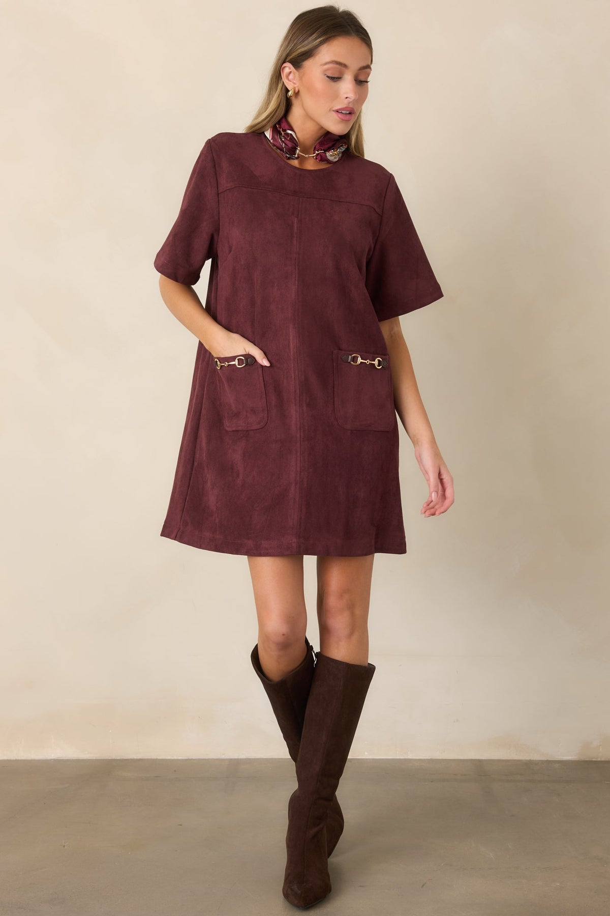 After the Derby Burgundy Faux Suede Horsebit Mini Dress