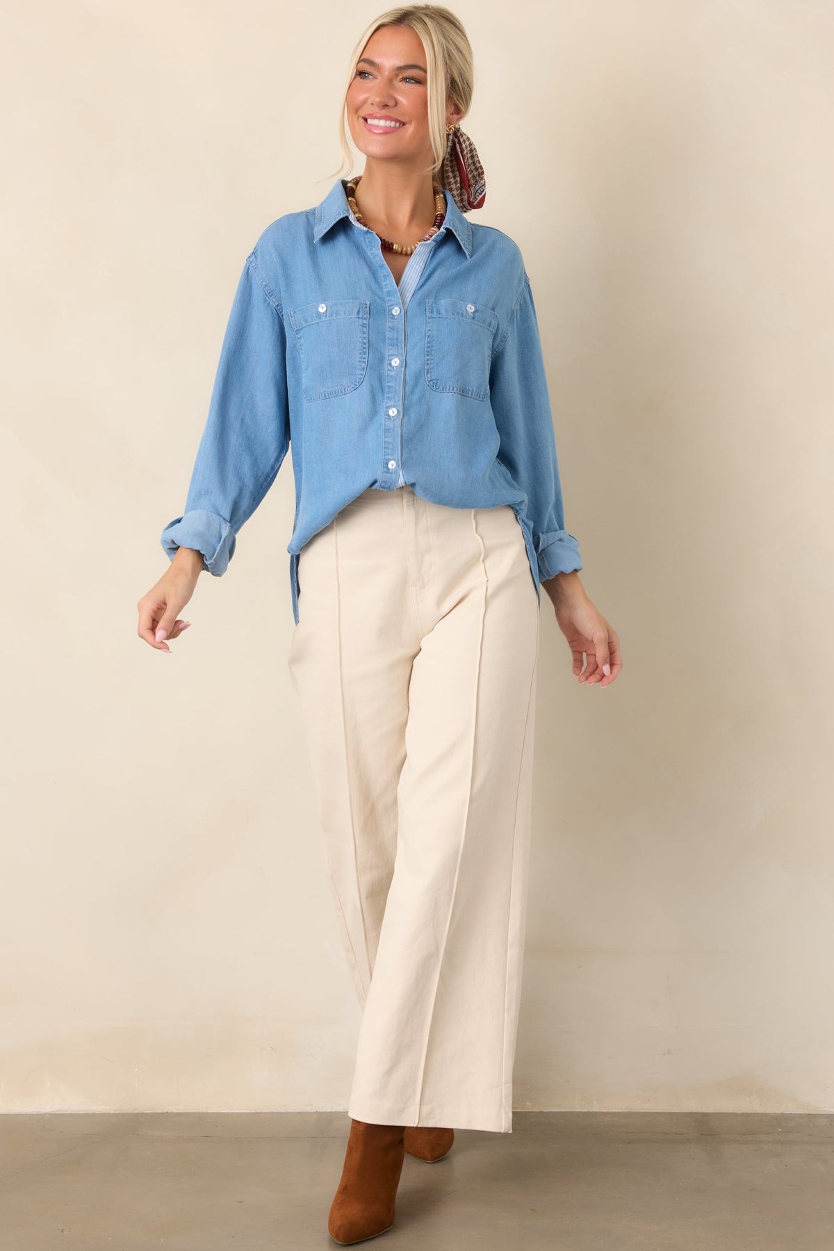 Laid Back Luxe Medium Wash Denim Button-Up Shirt