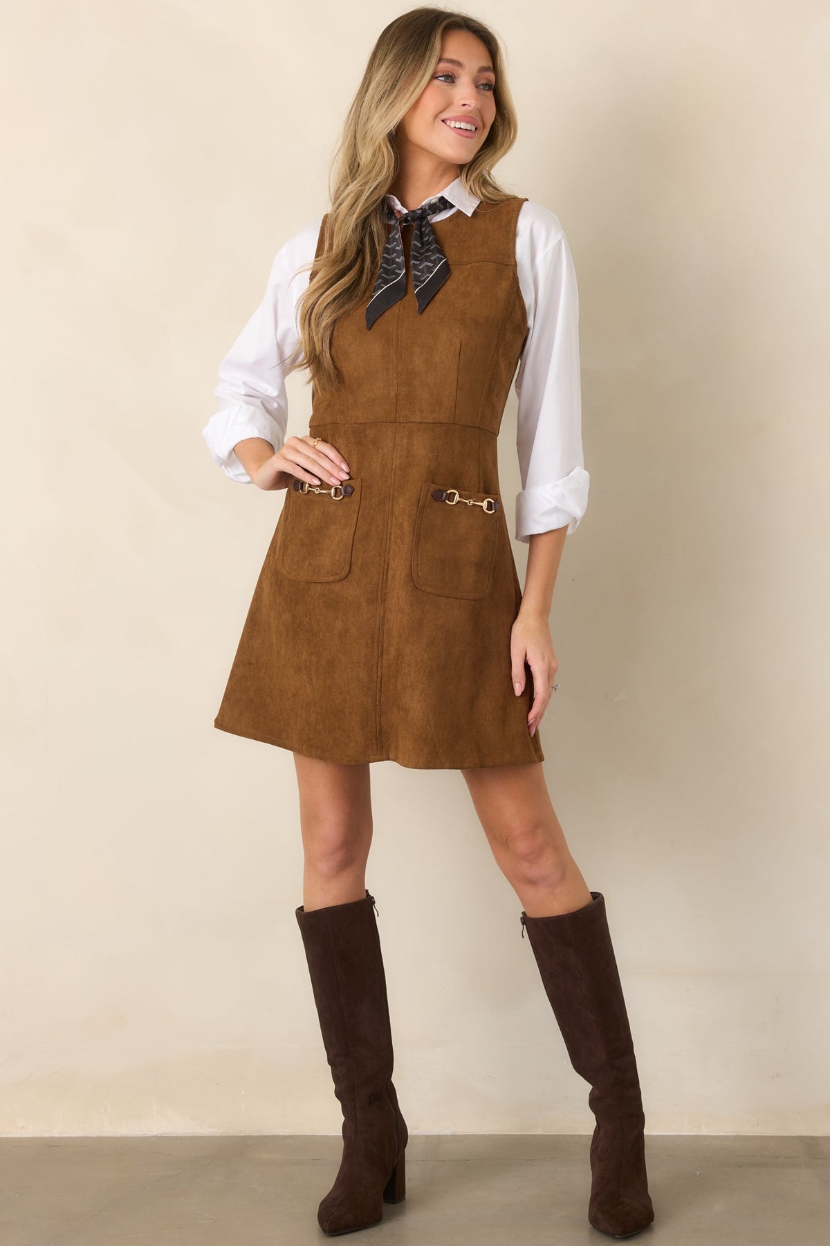 A Proper Fit Camel Brown Faux Suede Mini Dress