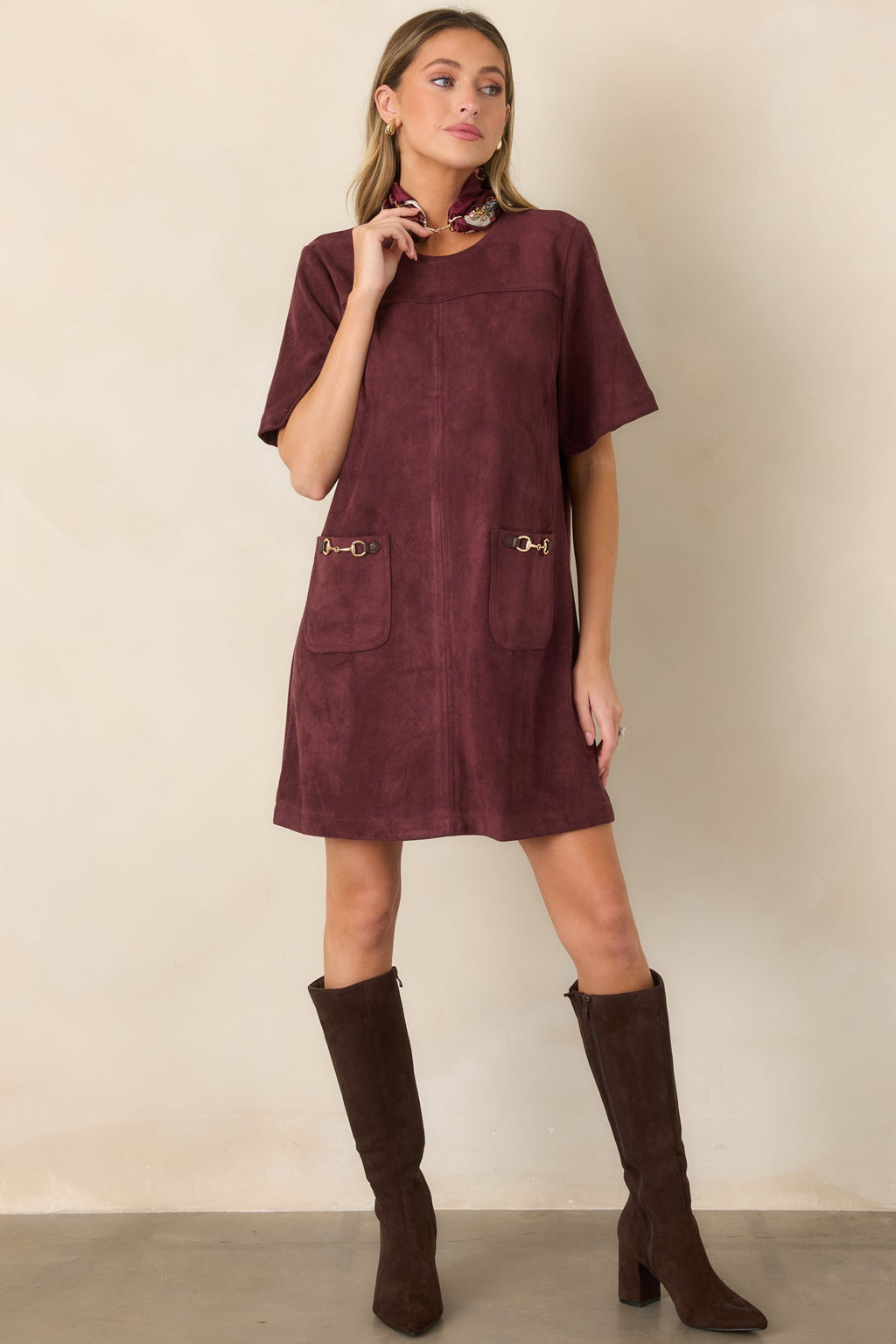 After the Derby Burgundy Faux Suede Horsebit Mini Dress