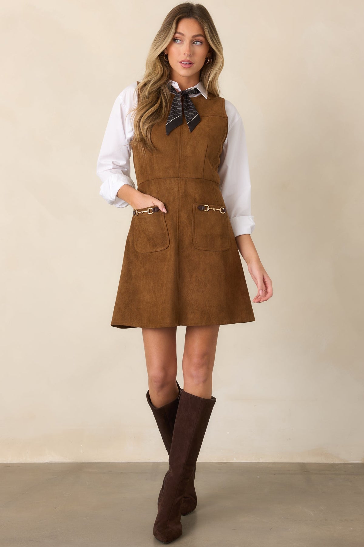 A Proper Fit Camel Brown Faux Suede Mini Dress