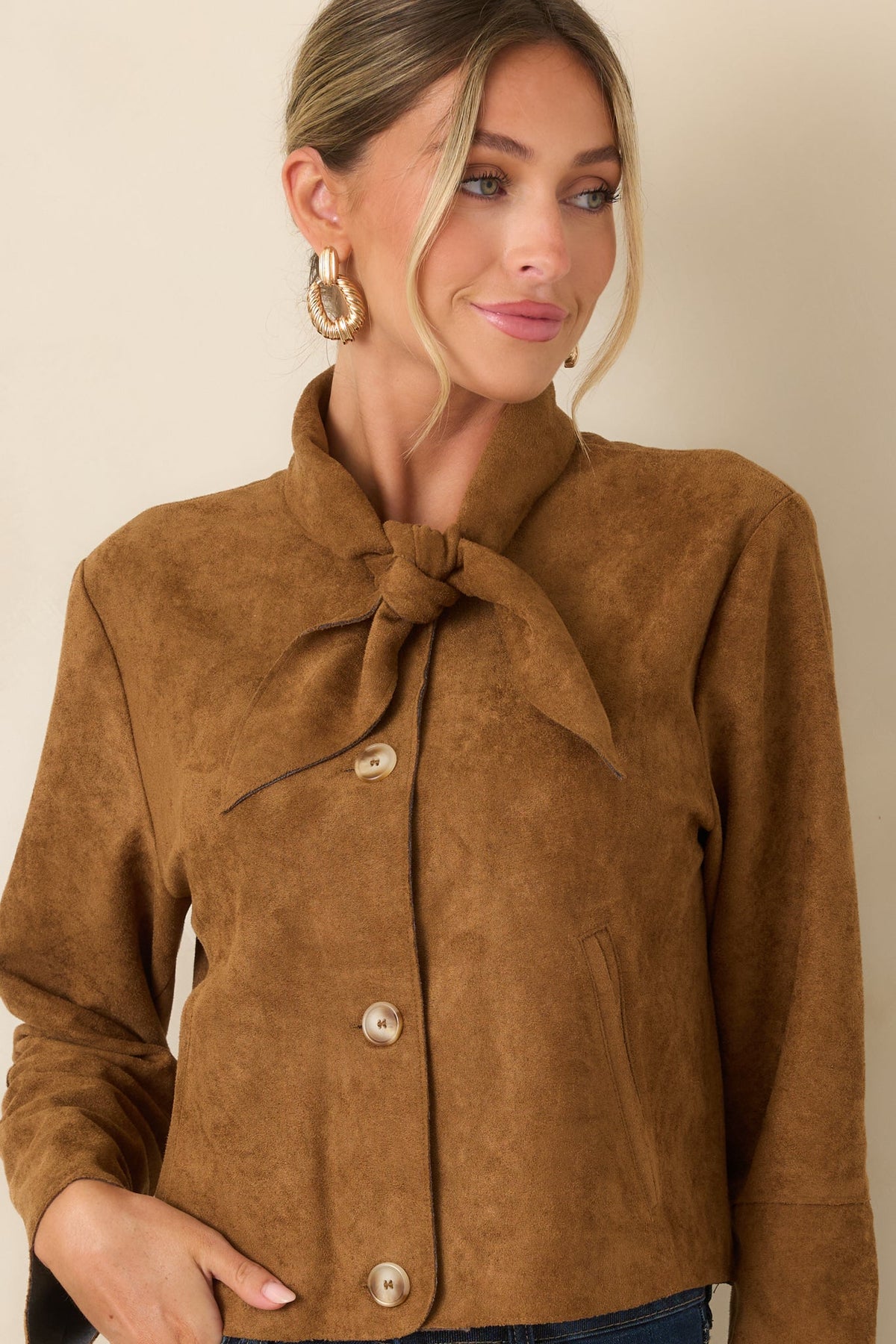 Tied to the Occasion Camel Faux Suede Tie Neck Jacket