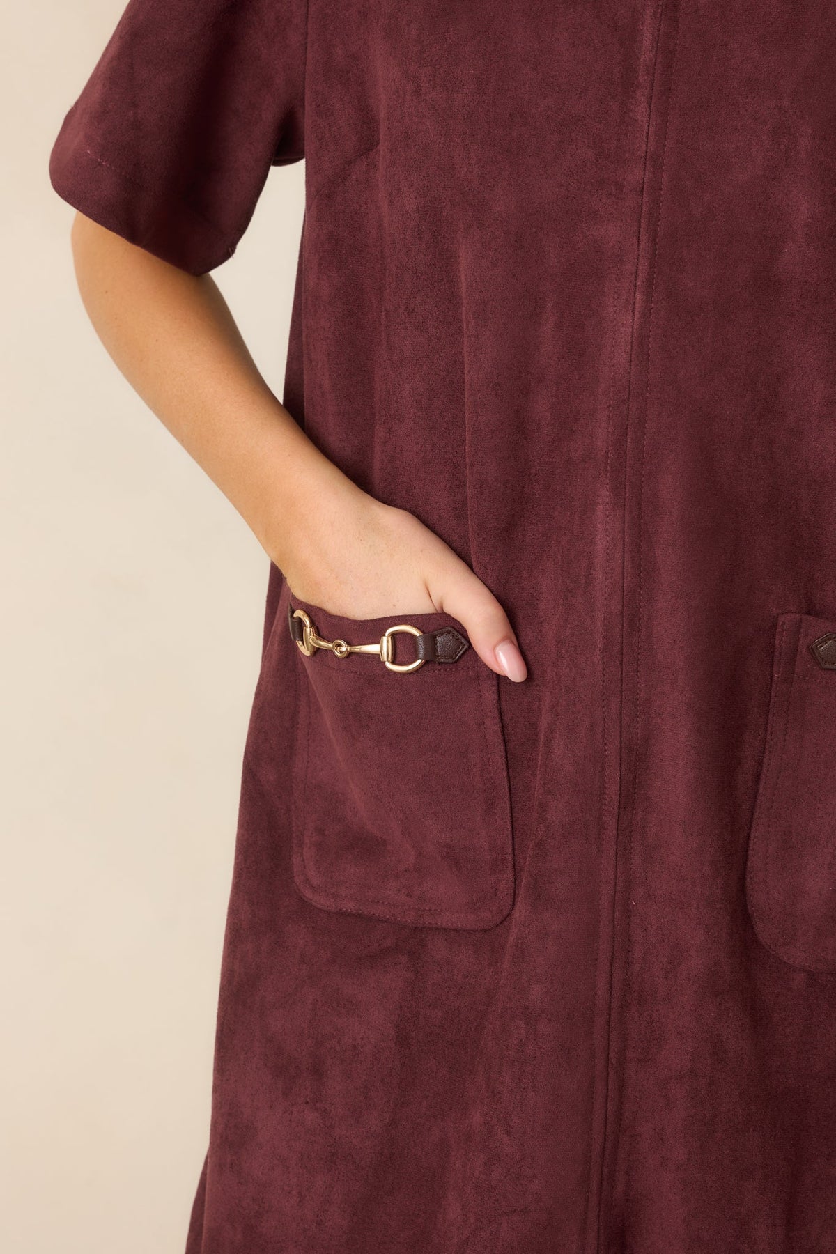 After the Derby Burgundy Faux Suede Horsebit Mini Dress