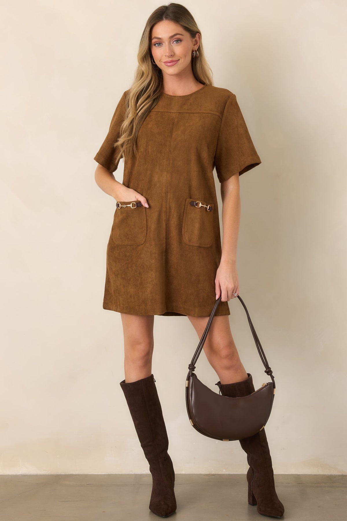 After the Derby Brown Faux Suede Horsebit Mini Dress