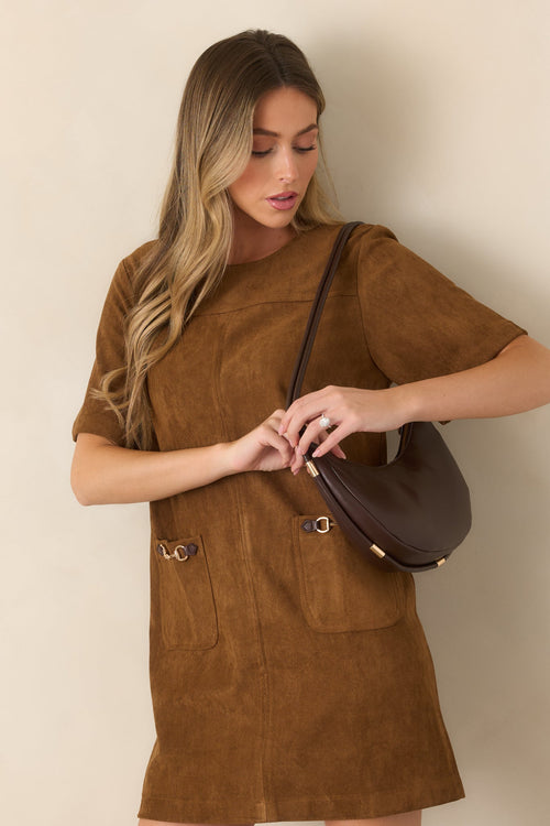 After the Derby Brown Faux Suede Horsebit Mini Dress