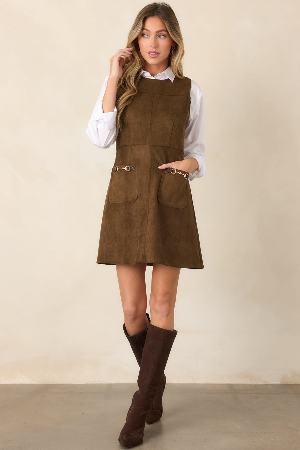 A Proper Fit Chocolate Brown Faux Suede Mini Dress