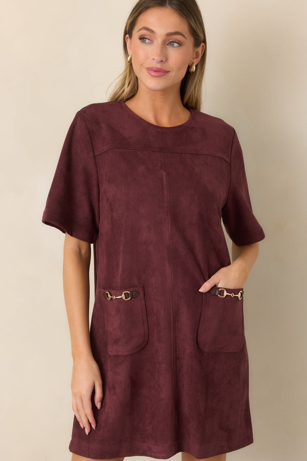 After the Derby Burgundy Faux Suede Horsebit Mini Dress
