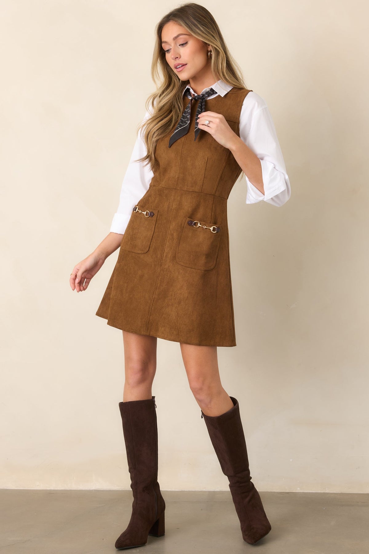 A Proper Fit Camel Brown Faux Suede Mini Dress