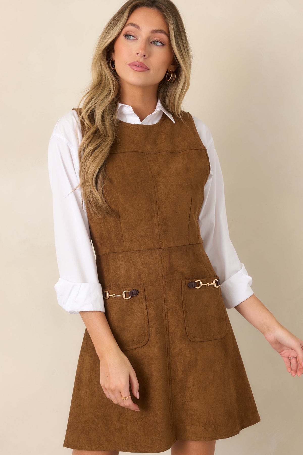 A Proper Fit Camel Brown Faux Suede Mini Dress