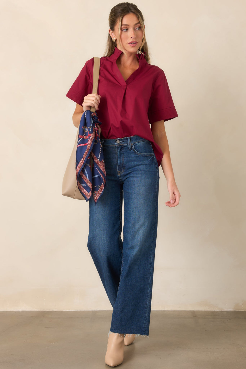 Nicely Done Burgundy Cotton Ruffle Collar Blouse