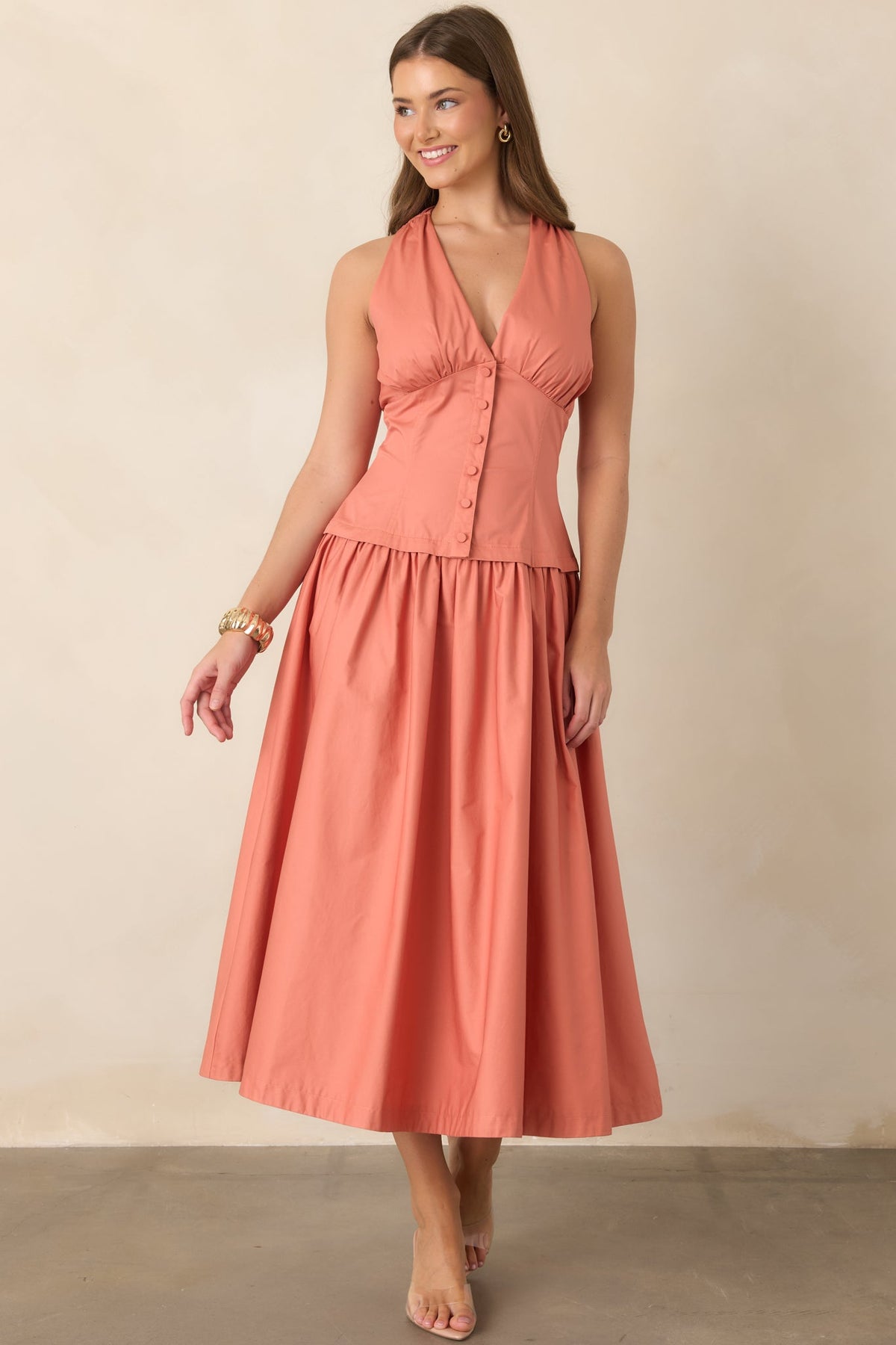 In the Warm Breeze Coral Orange Cotton Structured Bodice Sleeveless Midi Dress