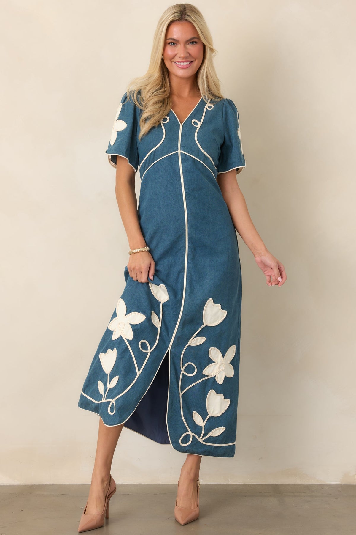 Blue Jean Baby Denim & Ivory Floral Appliqué Maxi Dress