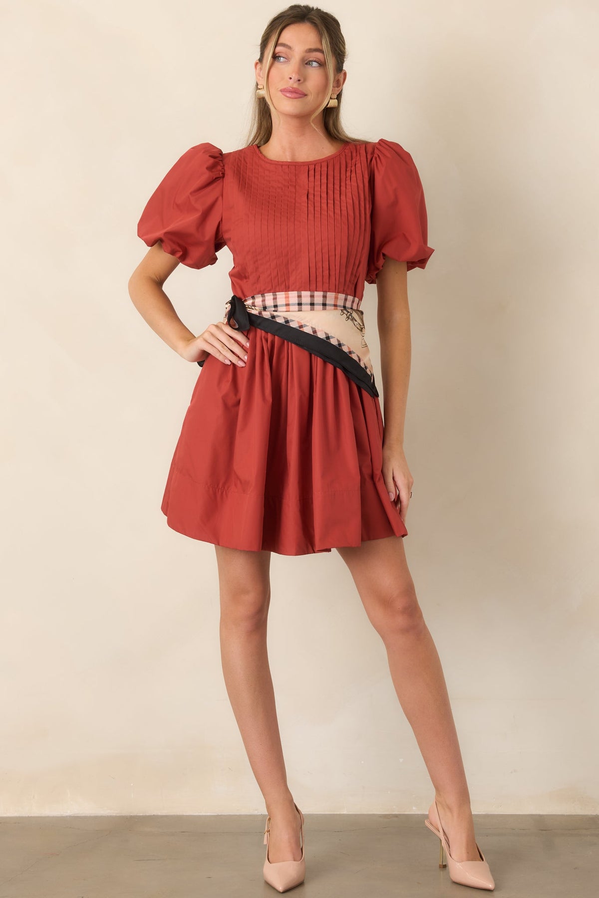 Pleats to Meet You Rust Red Pintuck Puff Sleeve Mini Dress