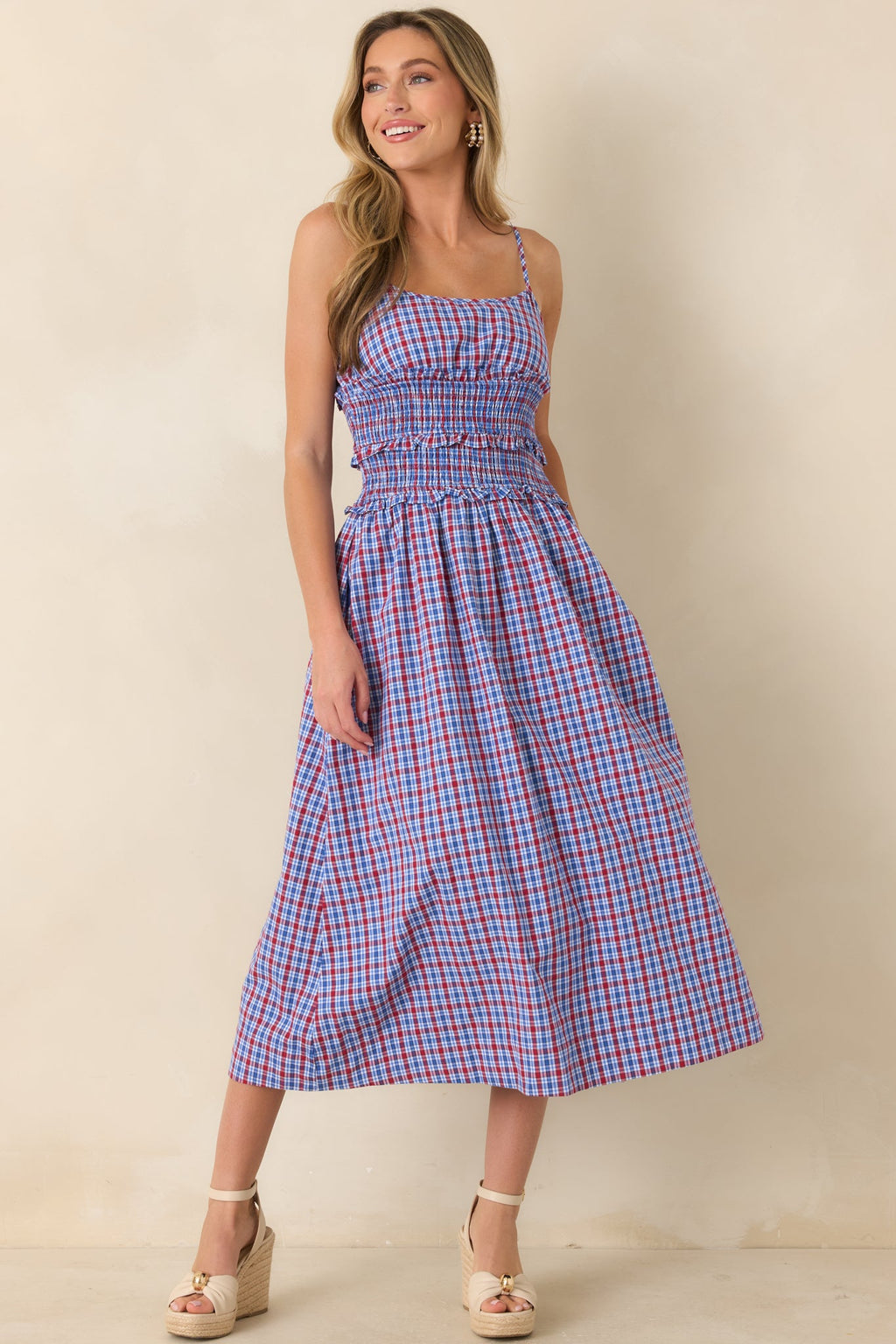 Summer Story Red & Blue Plaid Cotton Midi Dress