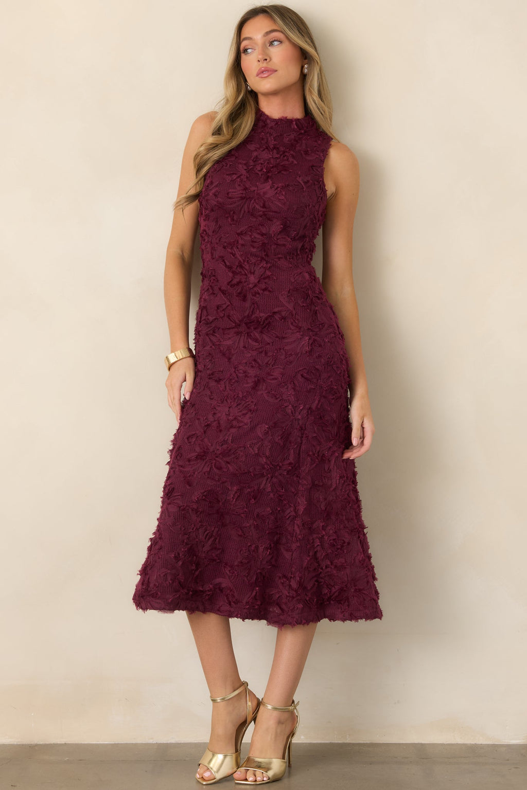 A Night to Remember Wine Red Knit Floral Appliqué Midi Dress