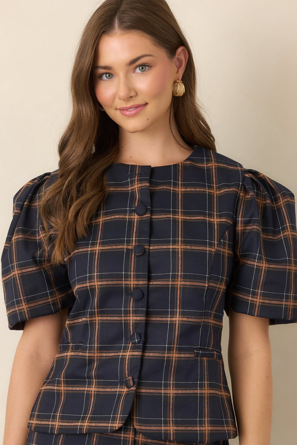 The Proper Sort Navy & Camel Plaid Puff Sleeve Top