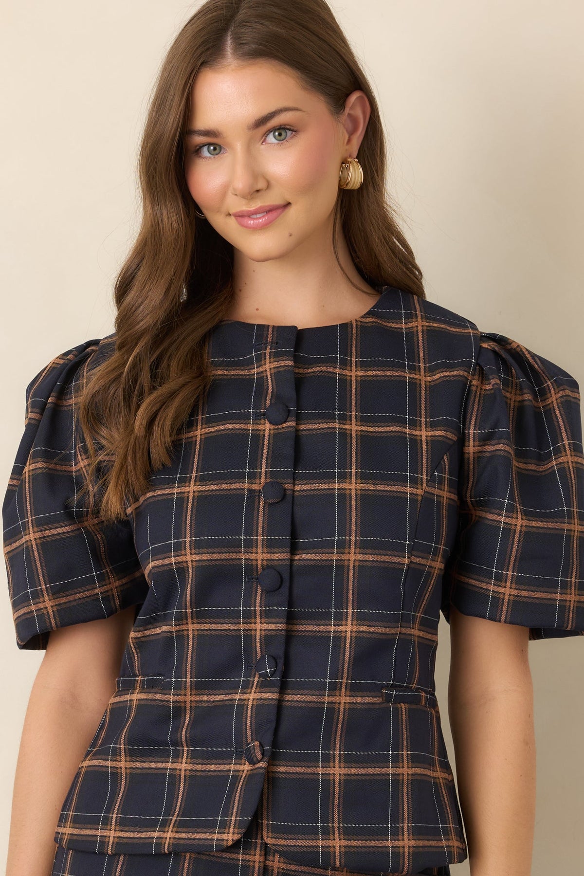 The Proper Sort Navy & Camel Plaid Puff Sleeve Top
