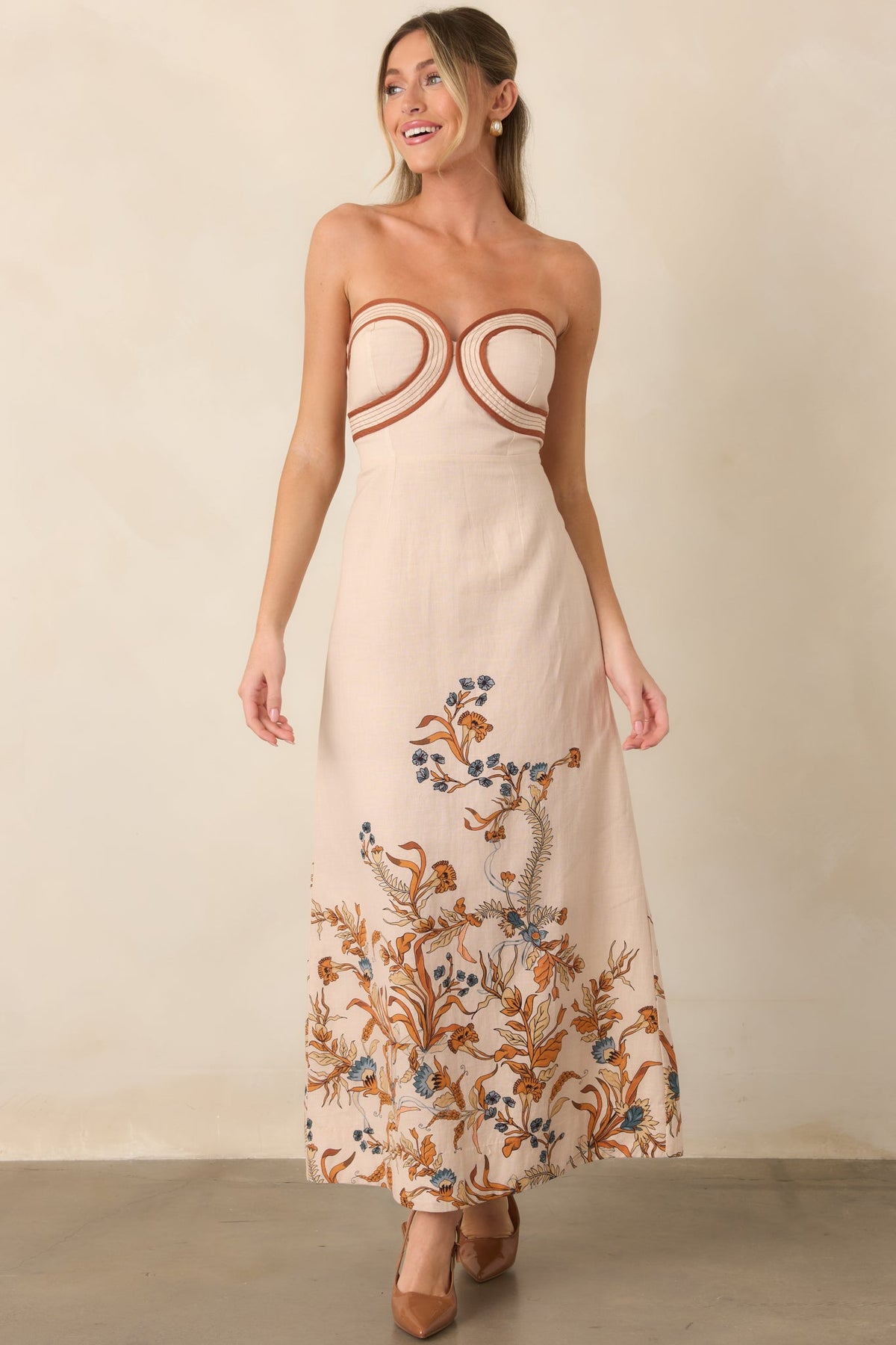 Anna Cate Hayden Ivory Faun Floral Strapless Midi Dress