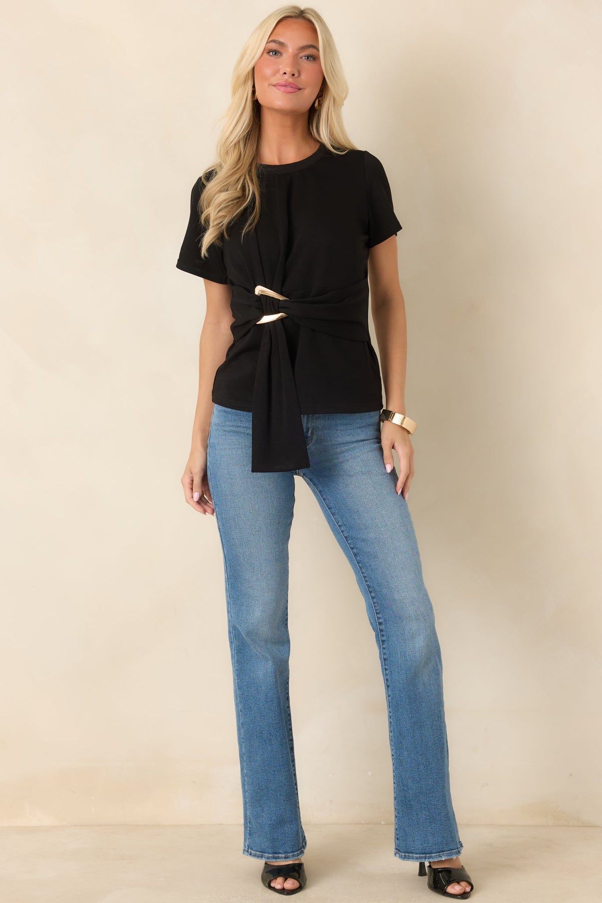 Made the Connection Black Knit Gathered Waist Top
