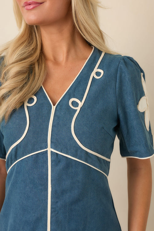 Blue Jean Baby Denim & Ivory Floral Appliqué Maxi Dress