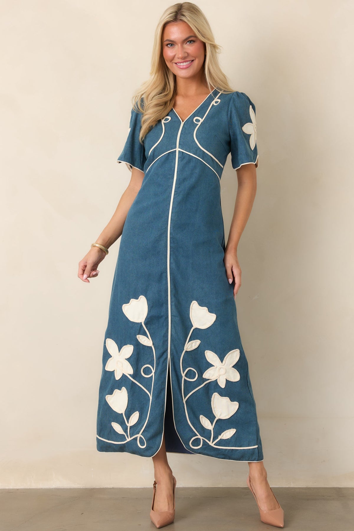Blue Jean Baby Denim & Ivory Floral Appliqué Maxi Dress