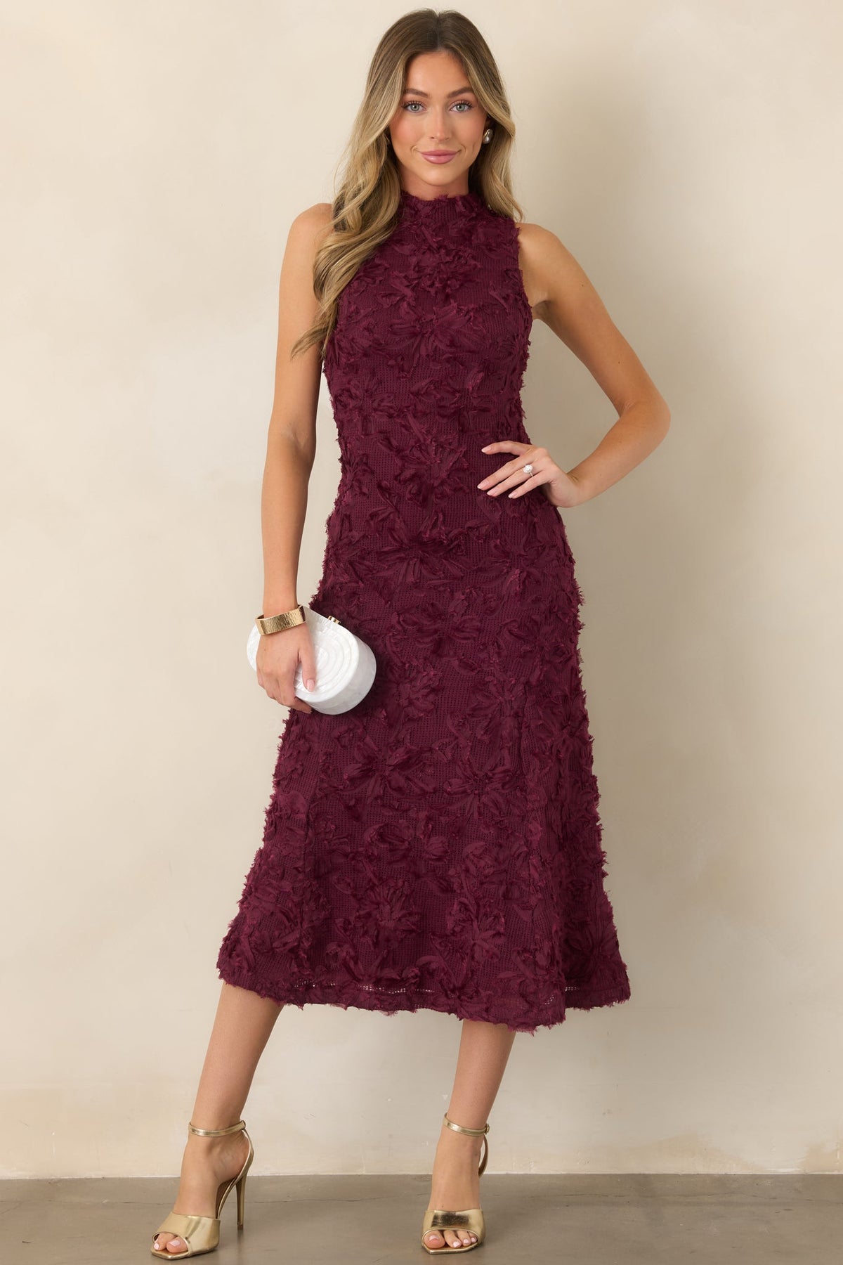 A Night to Remember Wine Red Knit Floral Appliqué Midi Dress